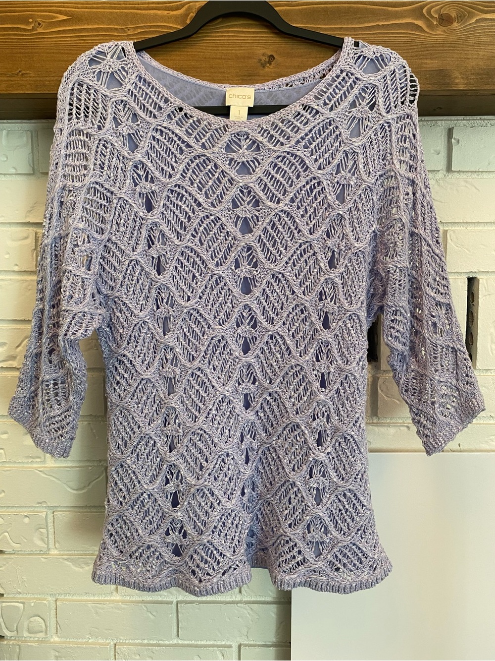 Chico’s Size 1 Lavender Crochet Knit Lined Boat Neck 3/4 Sleeve Sweater Top
